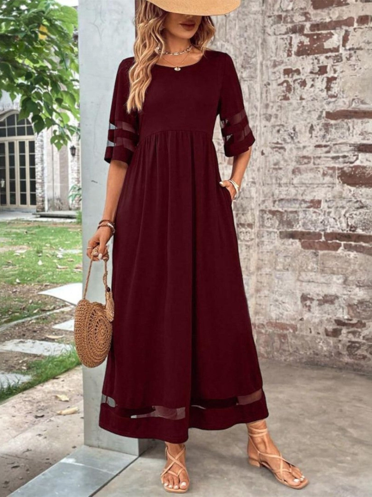 Tine | Dame Elegant Maxi Kjole Med Gennemsigtige Paneler