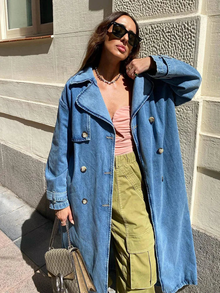 Henriette | Kvinders Lange Dobbeltradet Denim Trenchcoat