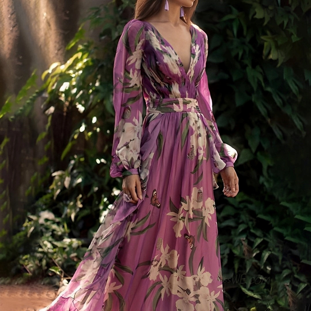 Heidi | Dame Komfortabel Blomstret V-Hals Maxi Kjole