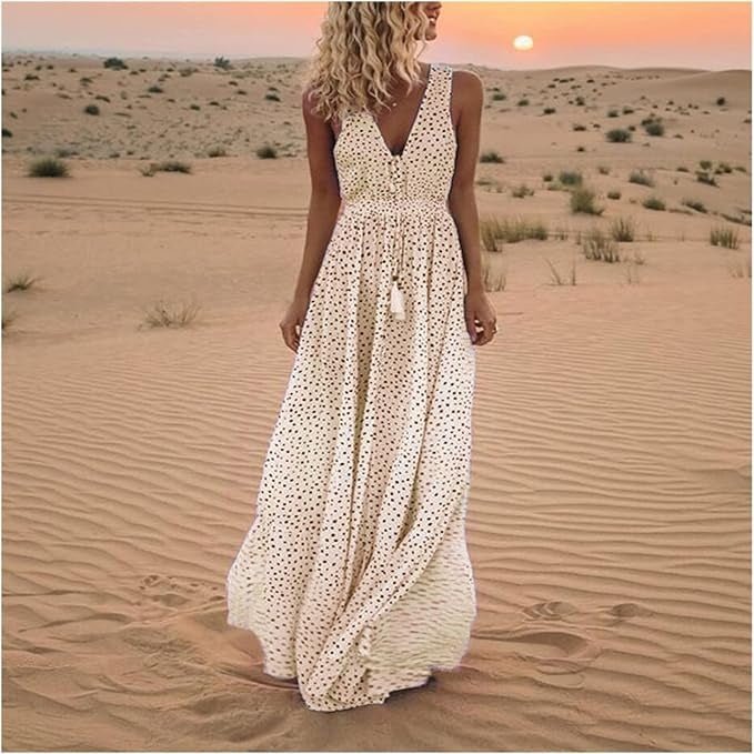 Isabella | Boho Maxi Kjole Prikket V-Udskæring Løs Sommer