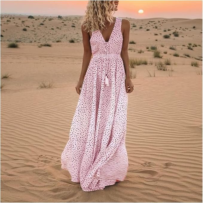 Isabella | Boho Maxi Kjole Prikket V-Udskæring Løs Sommer
