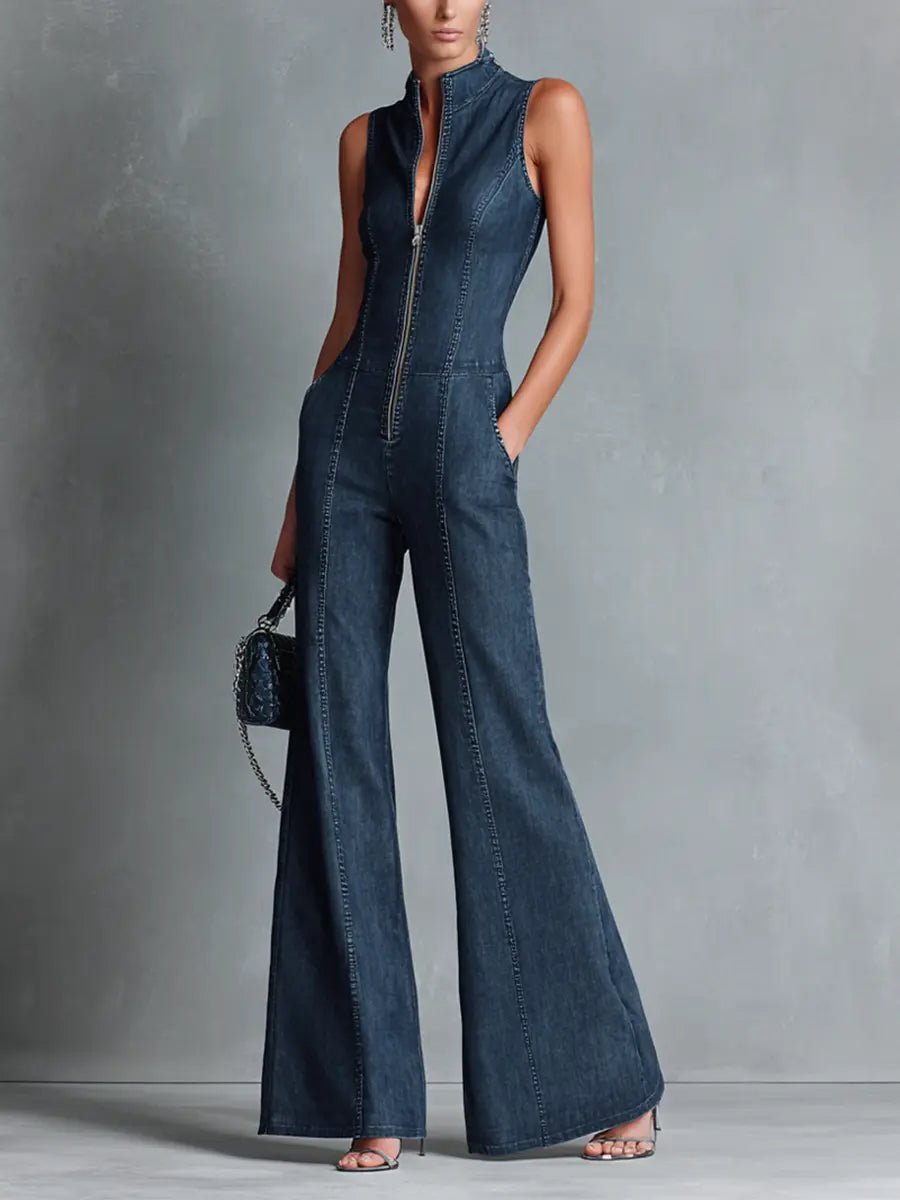 Ida | Dames Høj Hals Stretch Denim Flared Jumpsuit