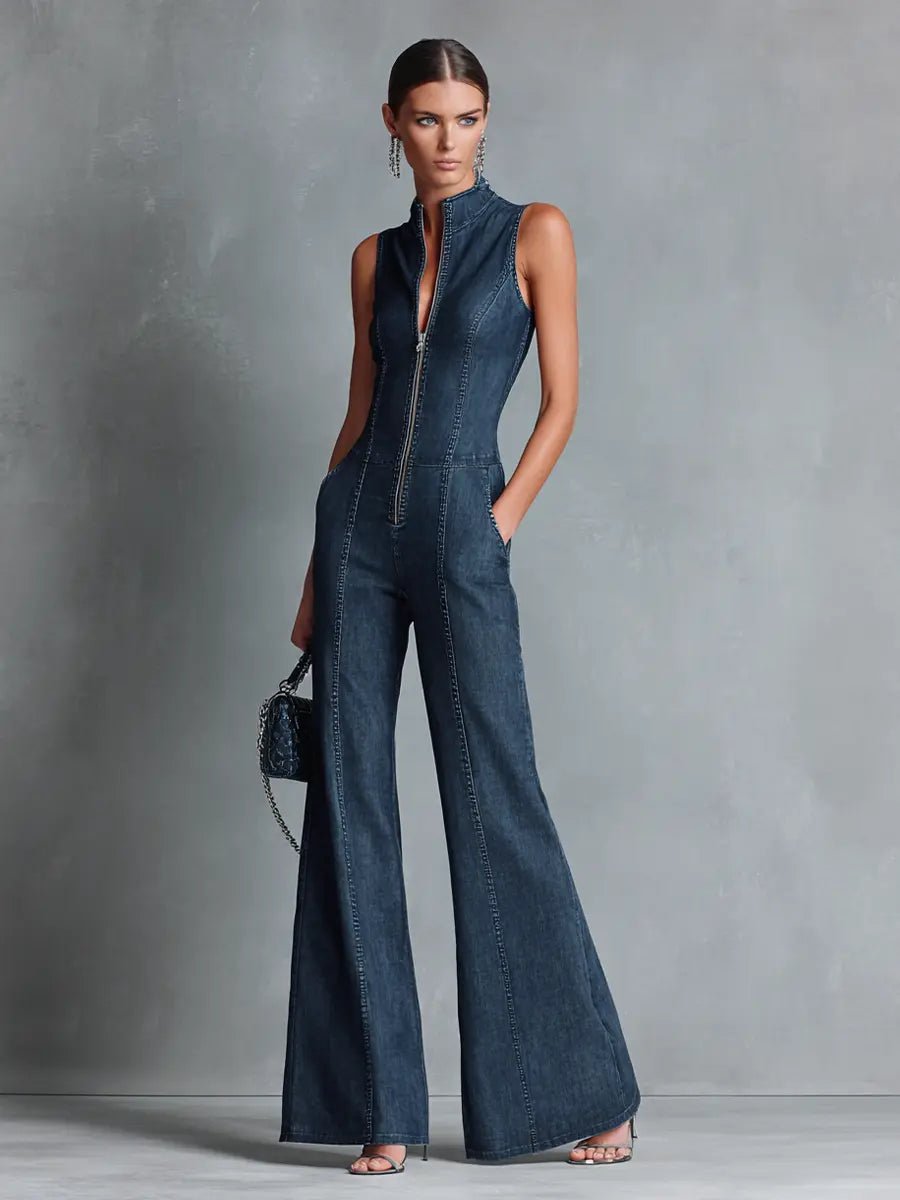 Ida | Dames Høj Hals Stretch Denim Flared Jumpsuit