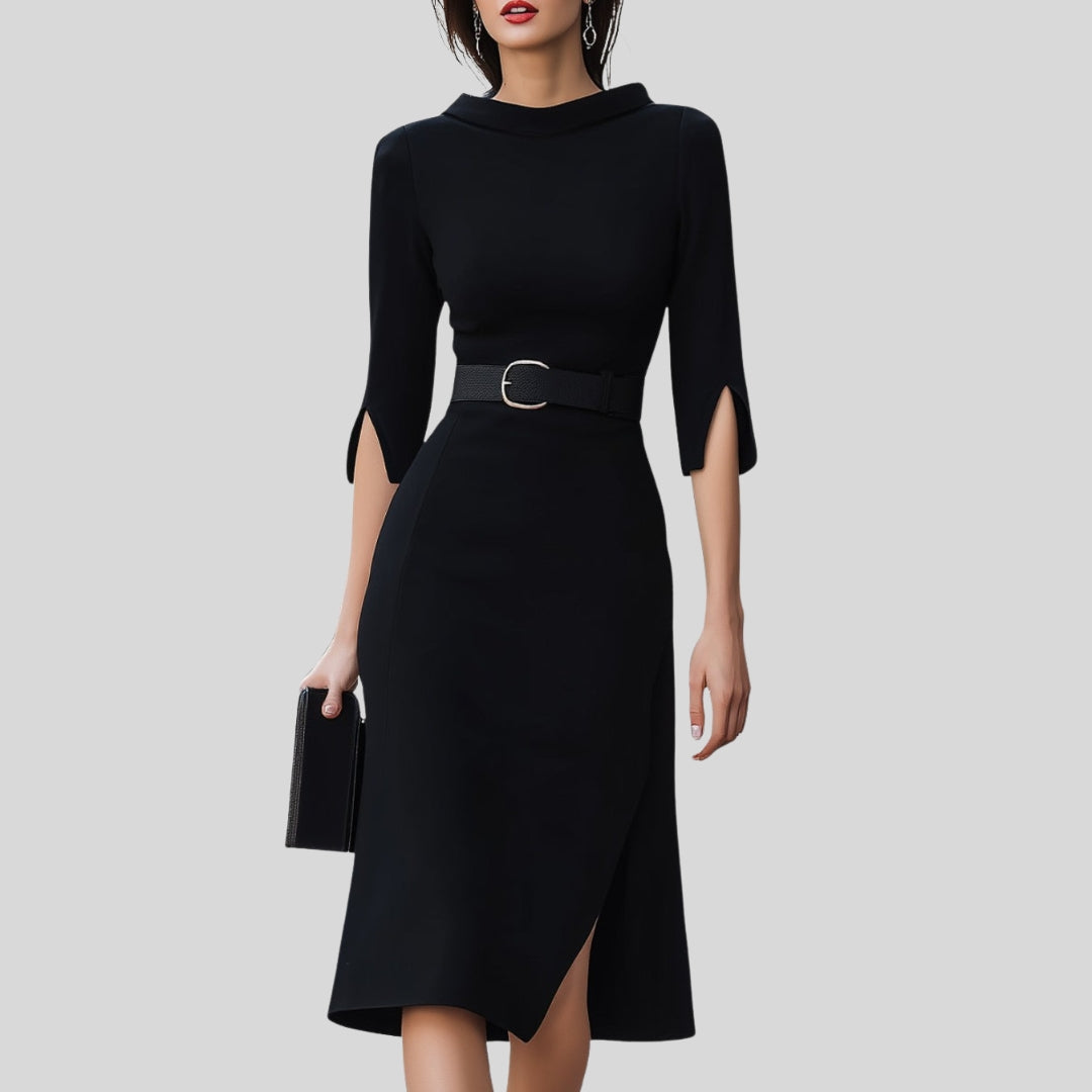 Ragna | Dame Elegant Midi Kjole Med Bælte