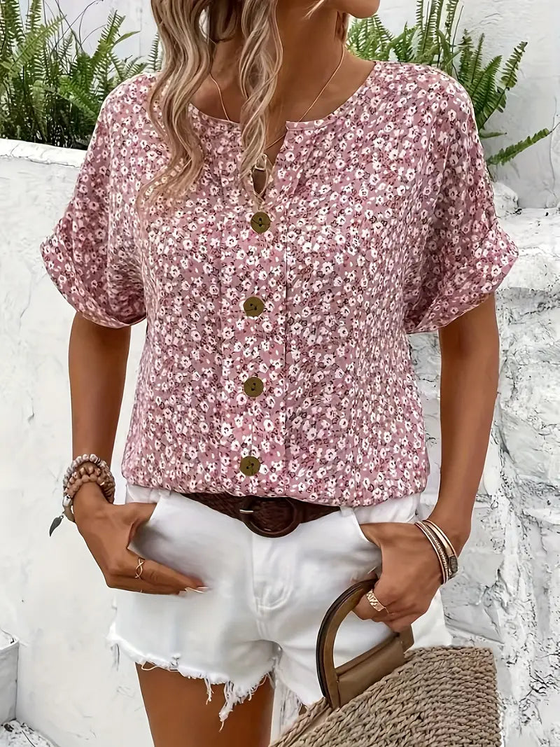 Nanna | Dame Sommer Kortærmet Blusetop med Knapper