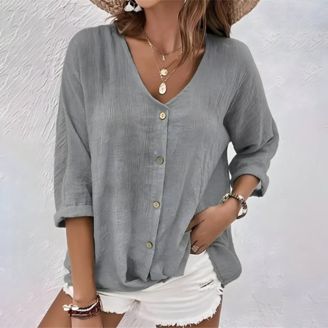 Susanne | Dame Knaplukning V Hals Casual Top