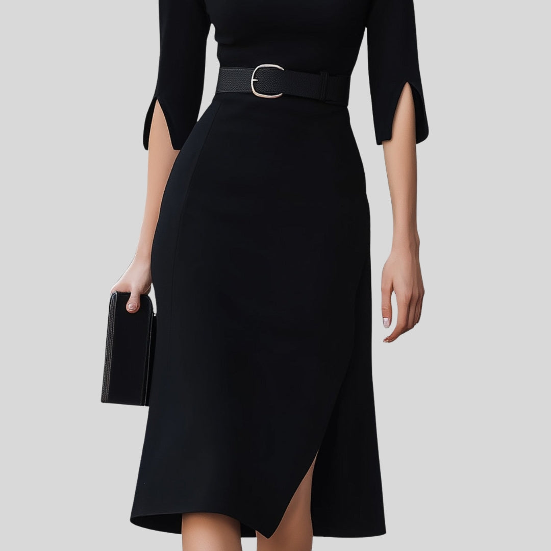 Ragna | Dame Elegant Midi Kjole Med Bælte
