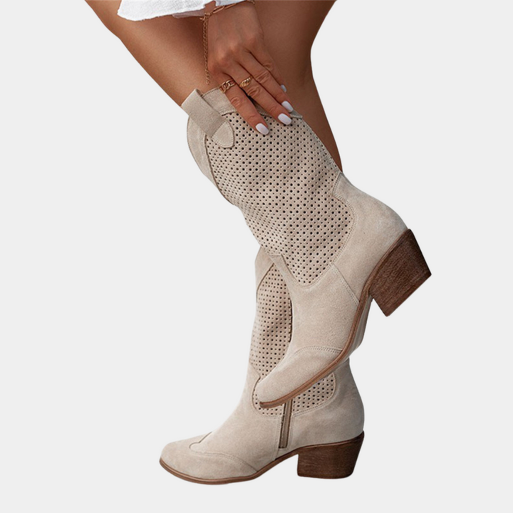 Elvira | Dame Perforerede Midt Læg Block Hæl Støvler