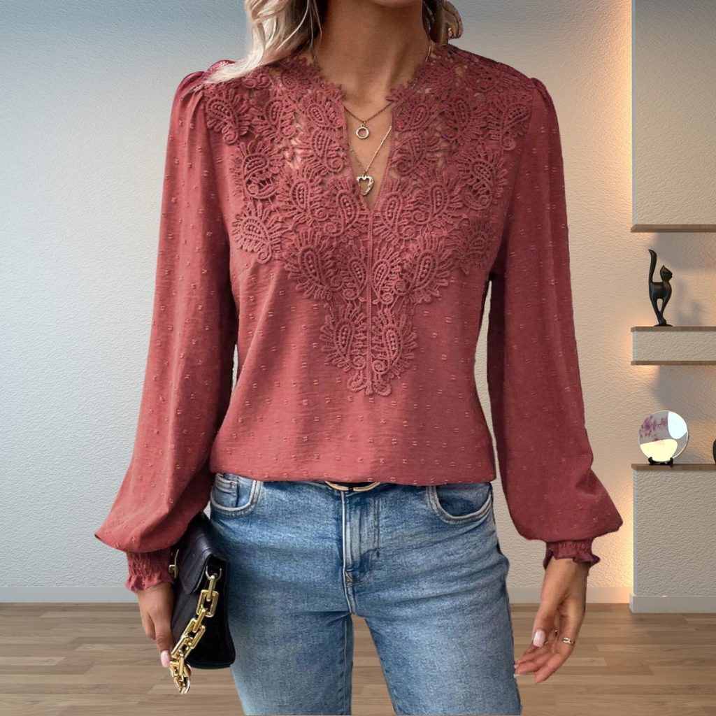 Josephine | Dame V Hals Langærmet Bluse Med Blomsterdetaljer