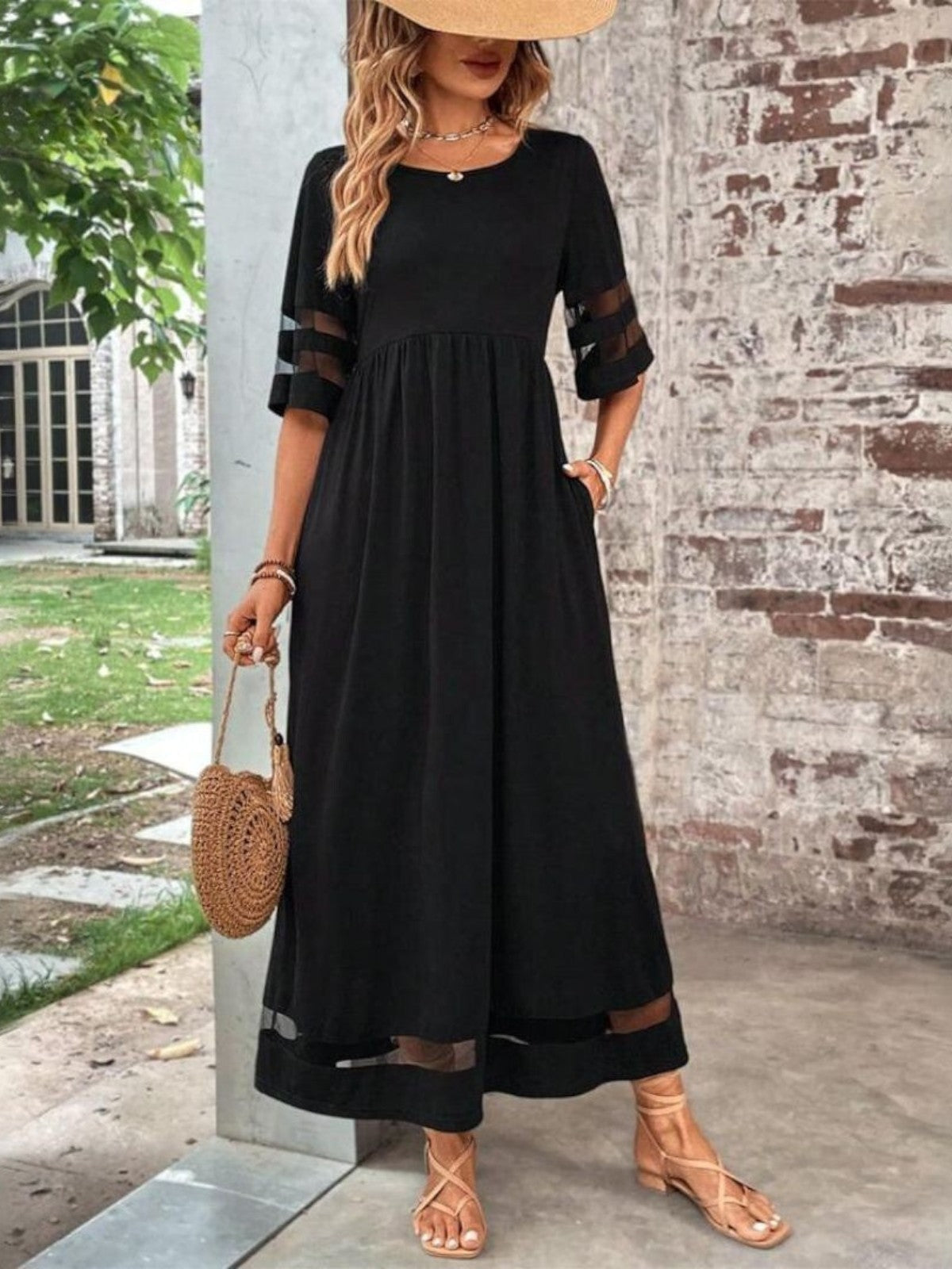 Tine | Dame Elegant Maxi Kjole Med Gennemsigtige Paneler