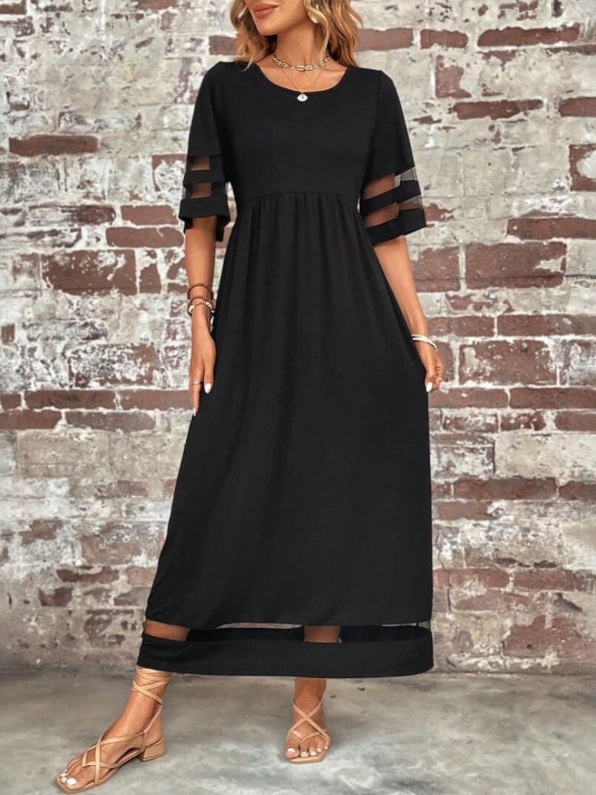 Tine | Dame Elegant Maxi Kjole Med Gennemsigtige Paneler