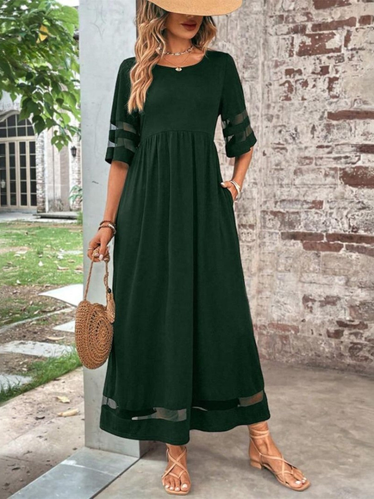 Tine | Dame Elegant Maxi Kjole Med Gennemsigtige Paneler
