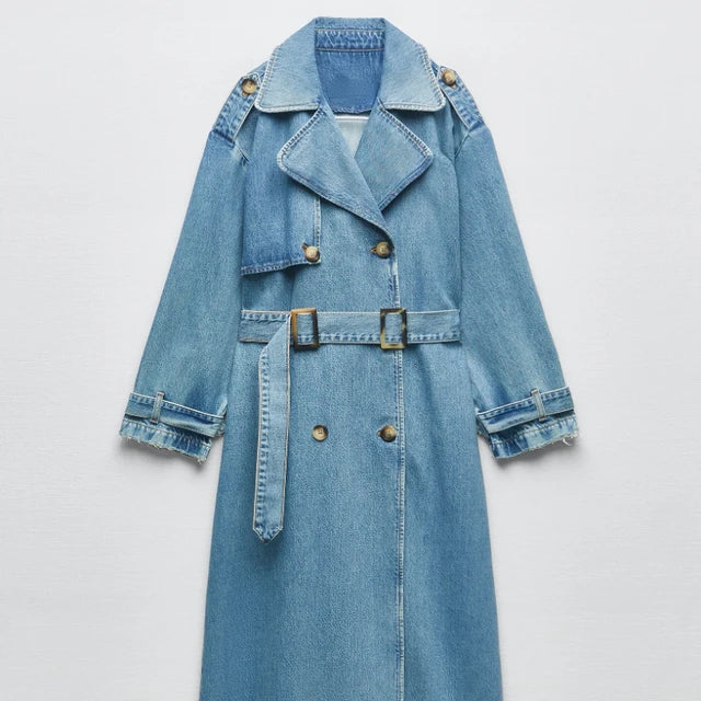 Henriette | Kvinders Lange Dobbeltradet Denim Trenchcoat
