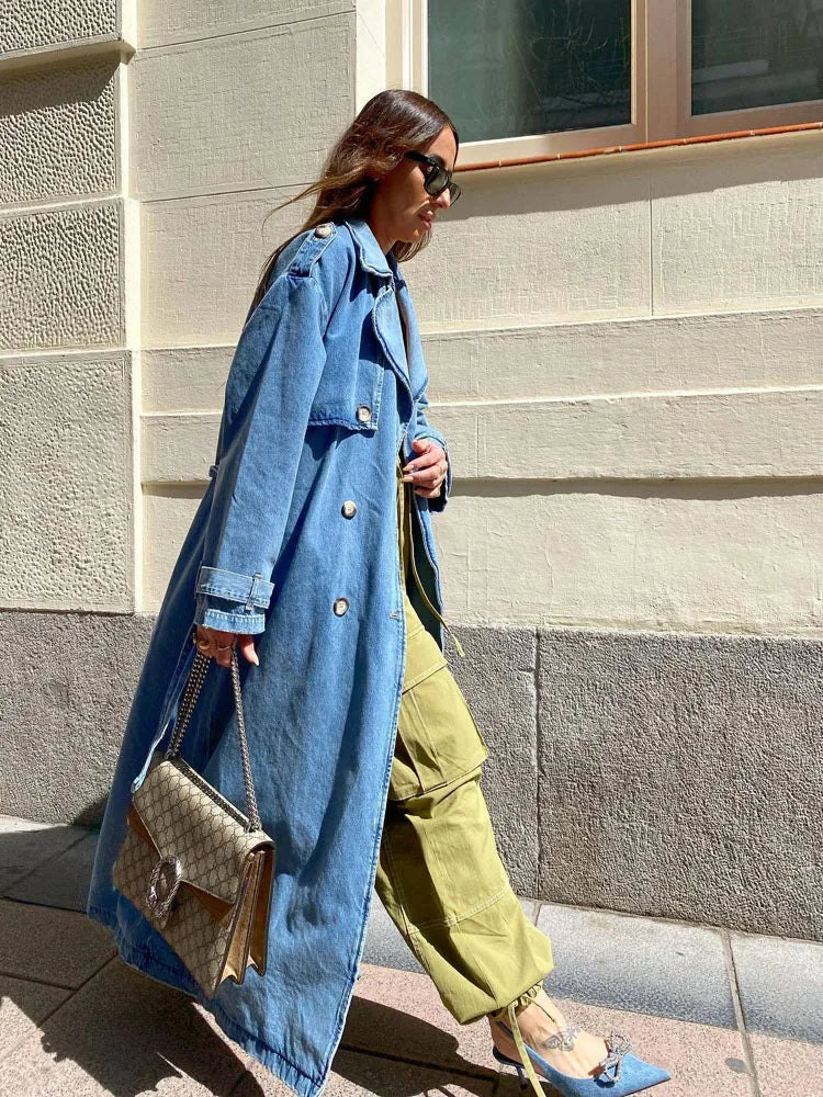 Henriette | Kvinders Lange Dobbeltradet Denim Trenchcoat