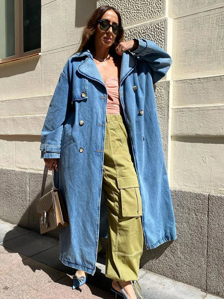 Henriette | Kvinders Lange Dobbeltradet Denim Trenchcoat