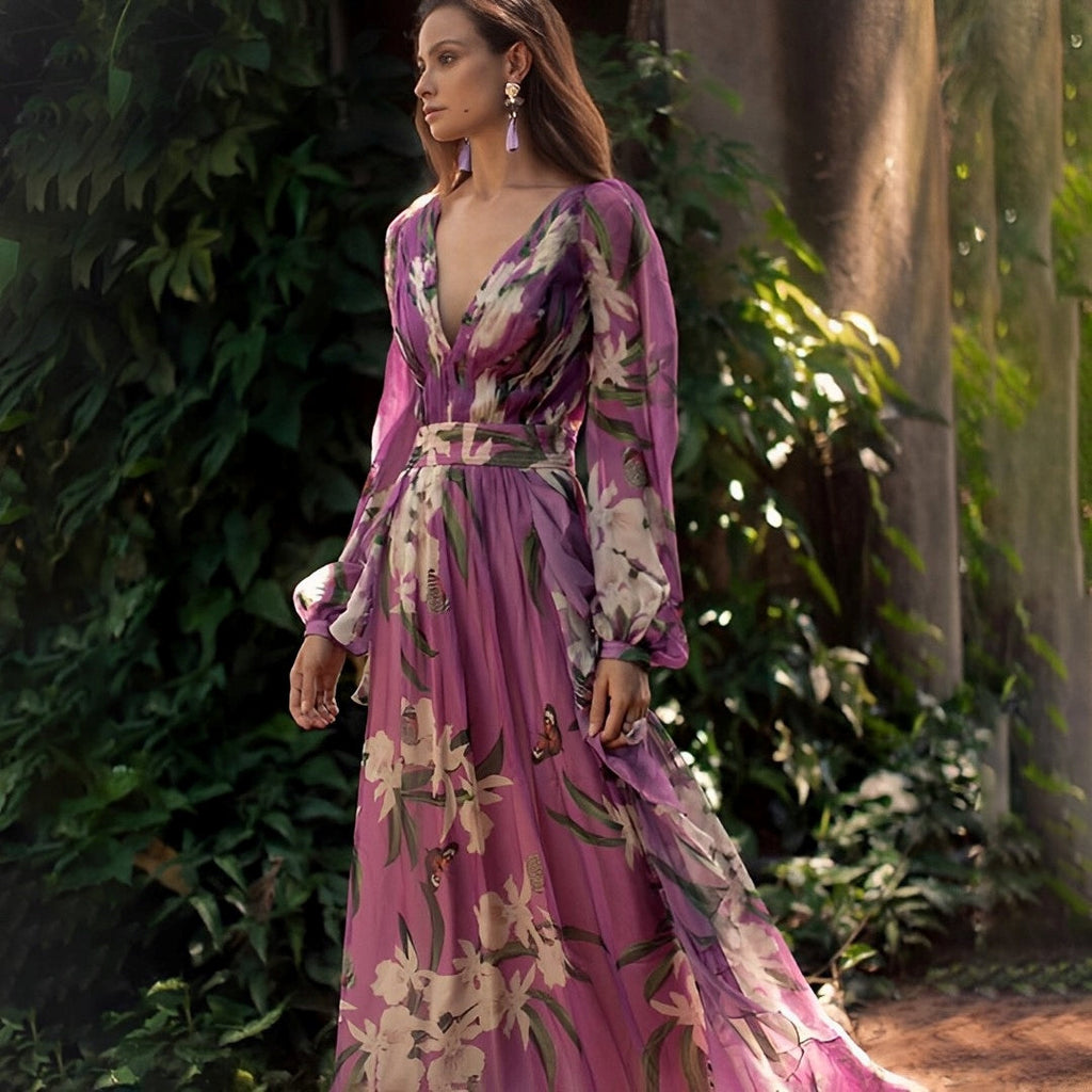 Heidi | Dame Komfortabel Blomstret V-Hals Maxi Kjole