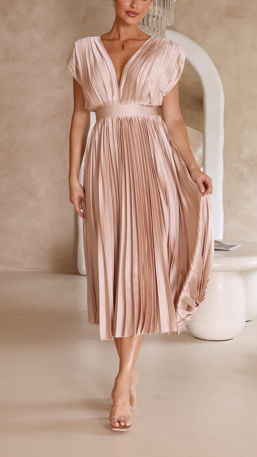 Emilia | Dame Elegant Dyb V Plisseret Midi Kjole