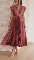 Emilia | Dame Elegant Dyb V Plisseret Midi Kjole