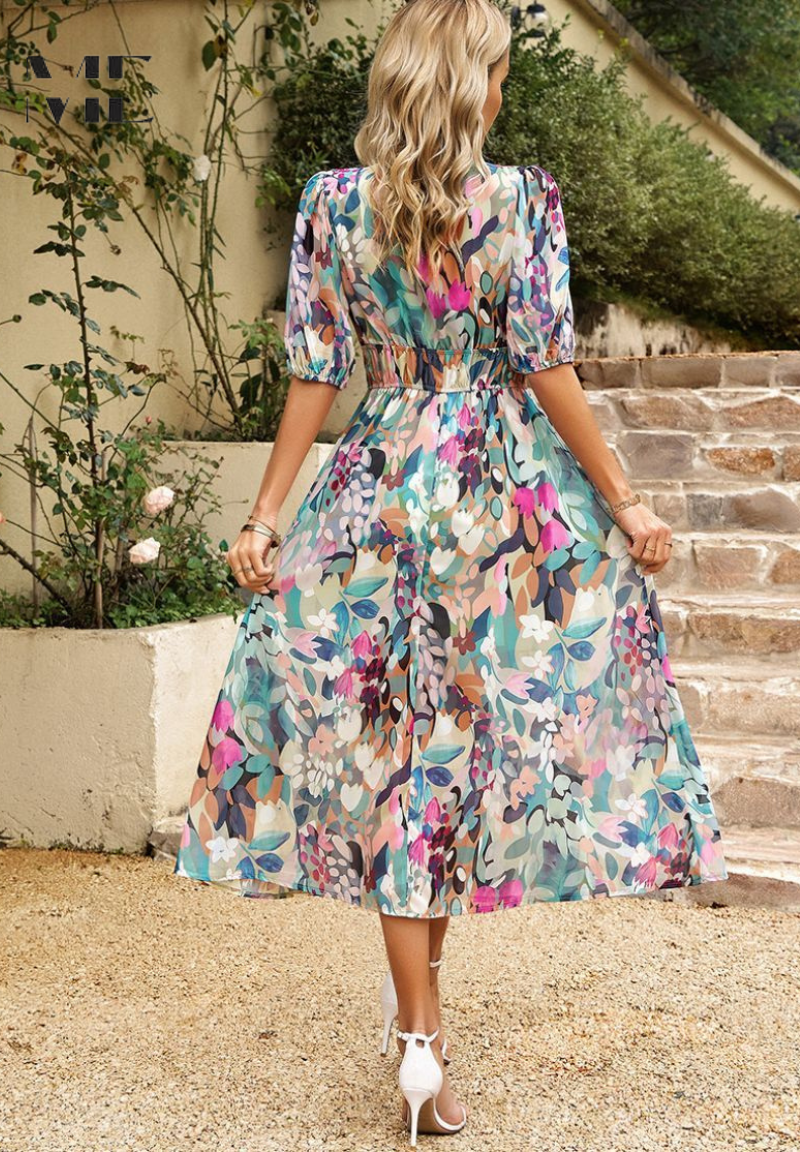Felicia | Dame Farverig Blomstret V-Hals Midi Kjole