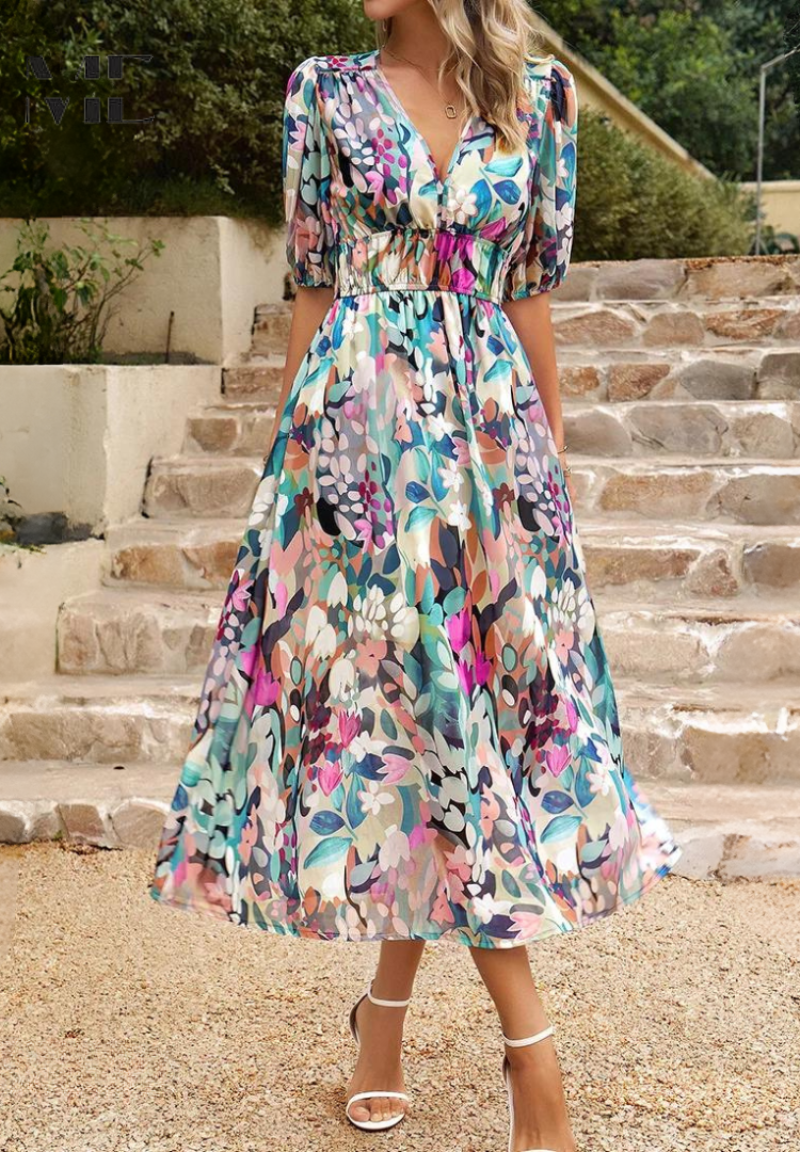 Felicia | Dame Farverig Blomstret V-Hals Midi Kjole