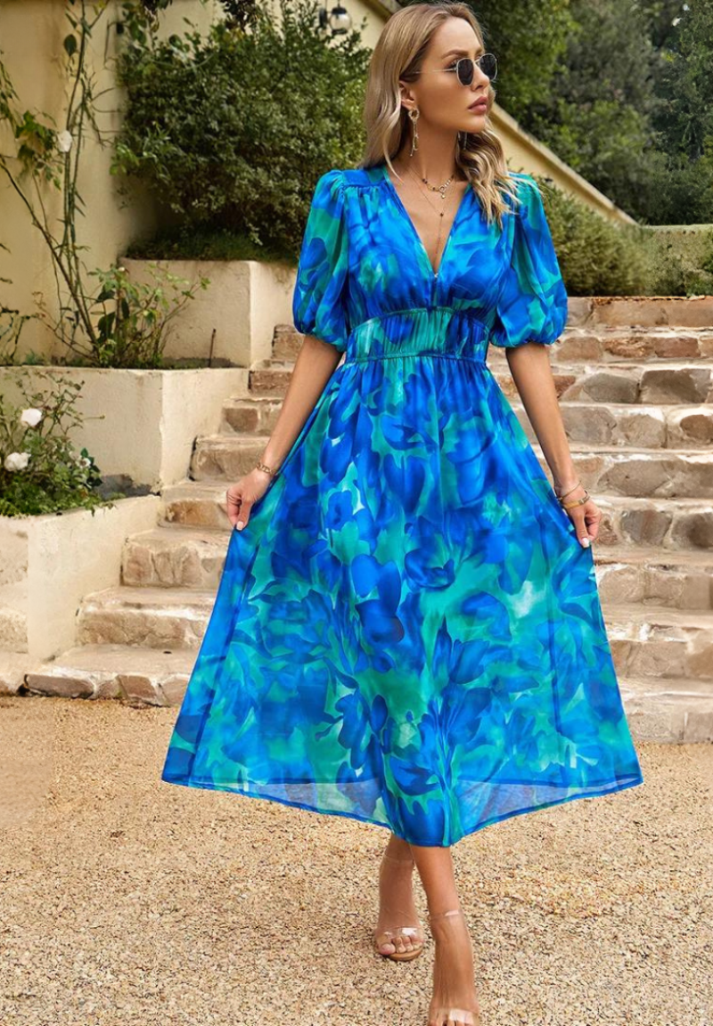 Felicia | Dame Farverig Blomstret V-Hals Midi Kjole