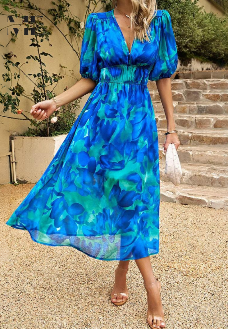 Felicia | Dame Farverig Blomstret V-Hals Midi Kjole