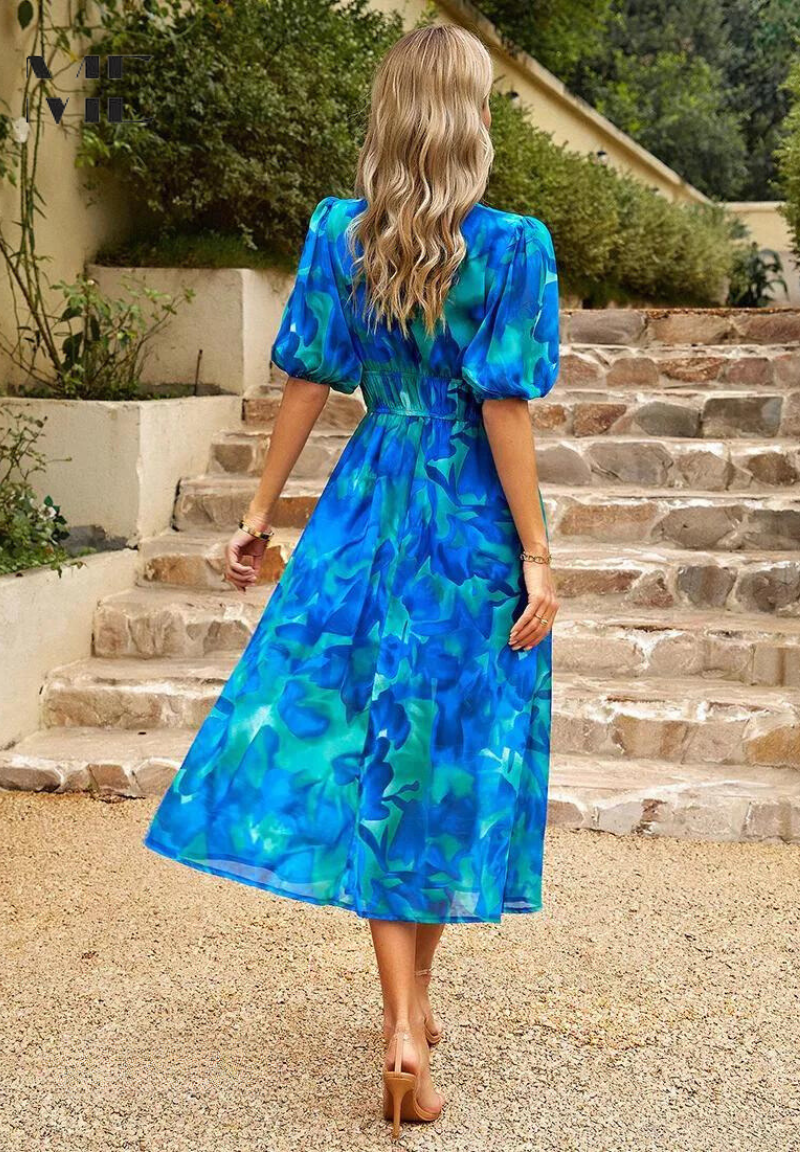 Felicia | Dame Farverig Blomstret V-Hals Midi Kjole