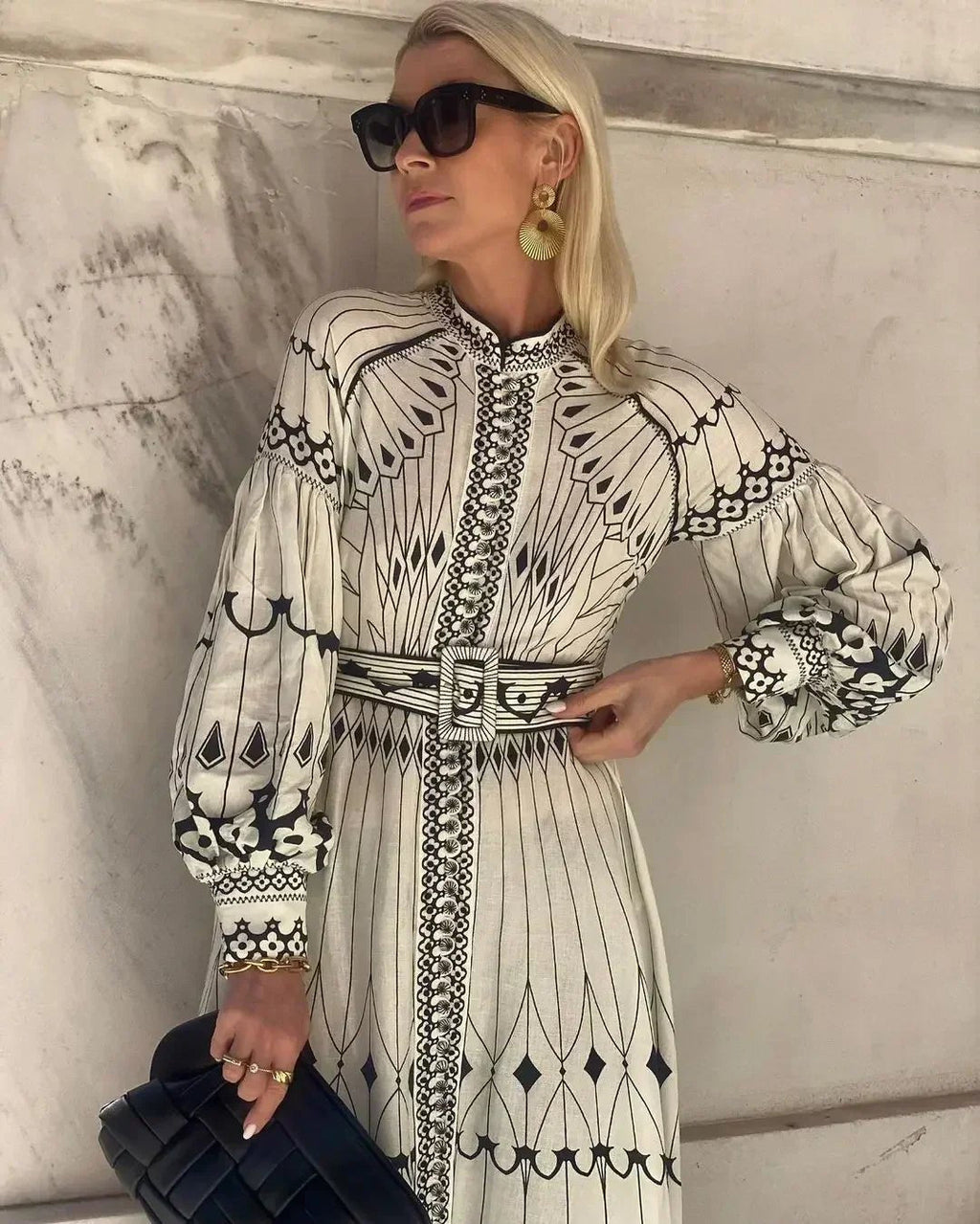 Sofia | A-Line Kjole Lang Ærme Vintage Print Elegante