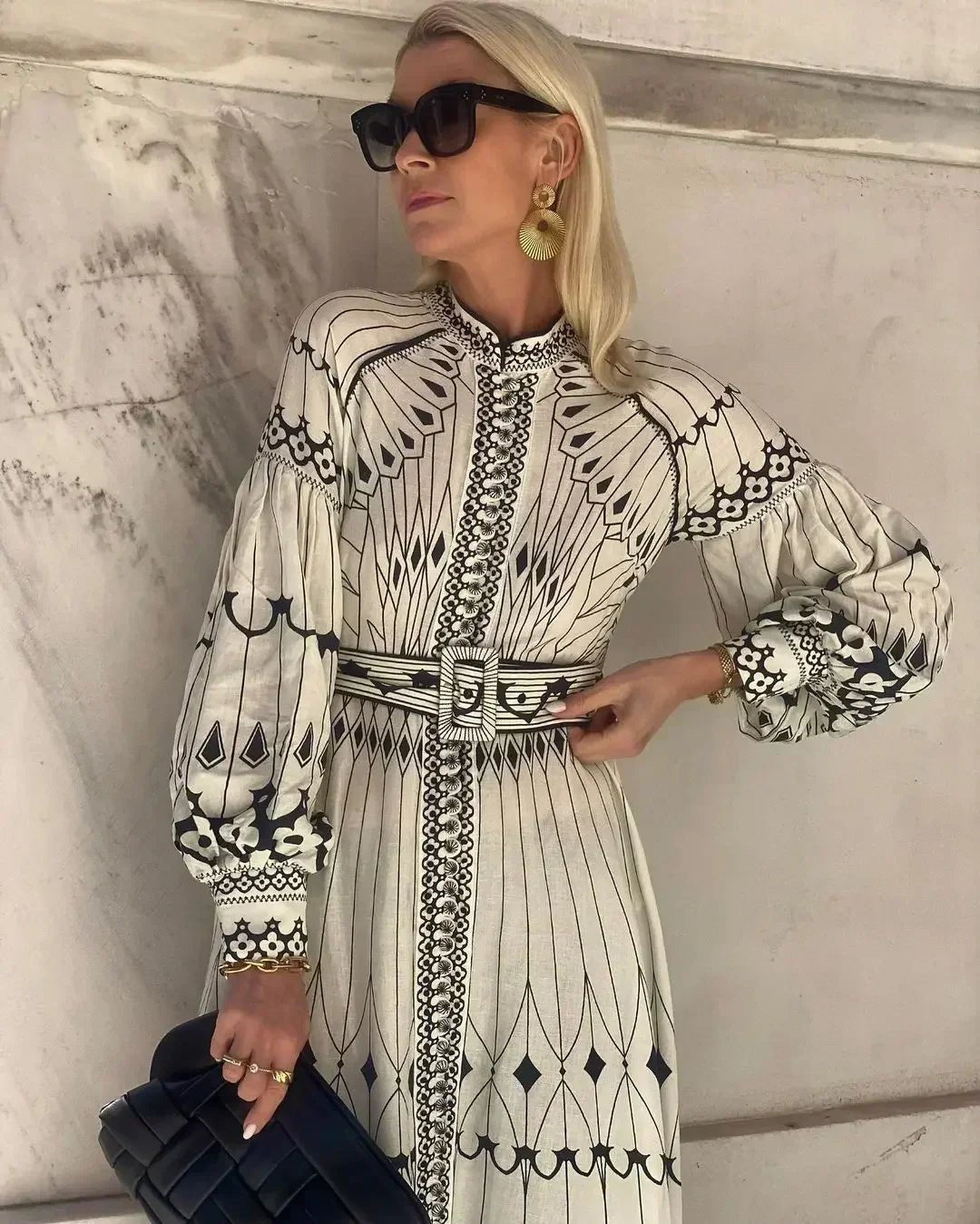 Sofia | A-Line Kjole Lang Ærme Vintage Print Elegante
