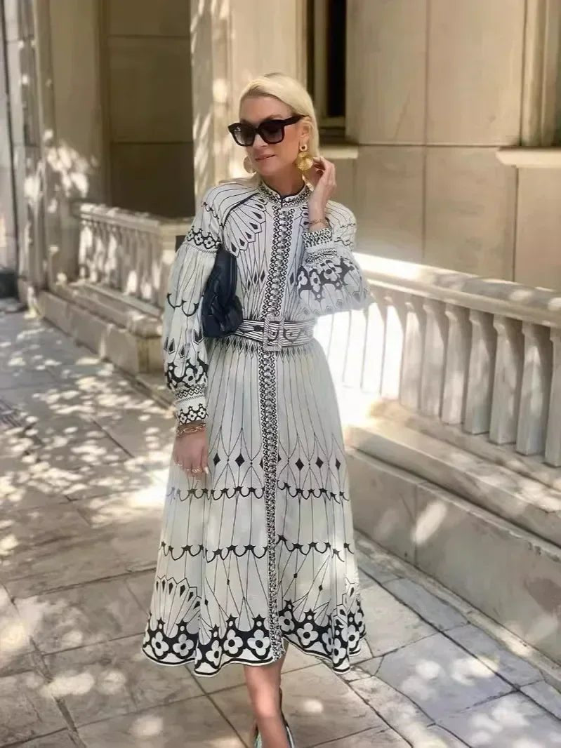 Sofia | A-Line Kjole Lang Ærme Vintage Print Elegante