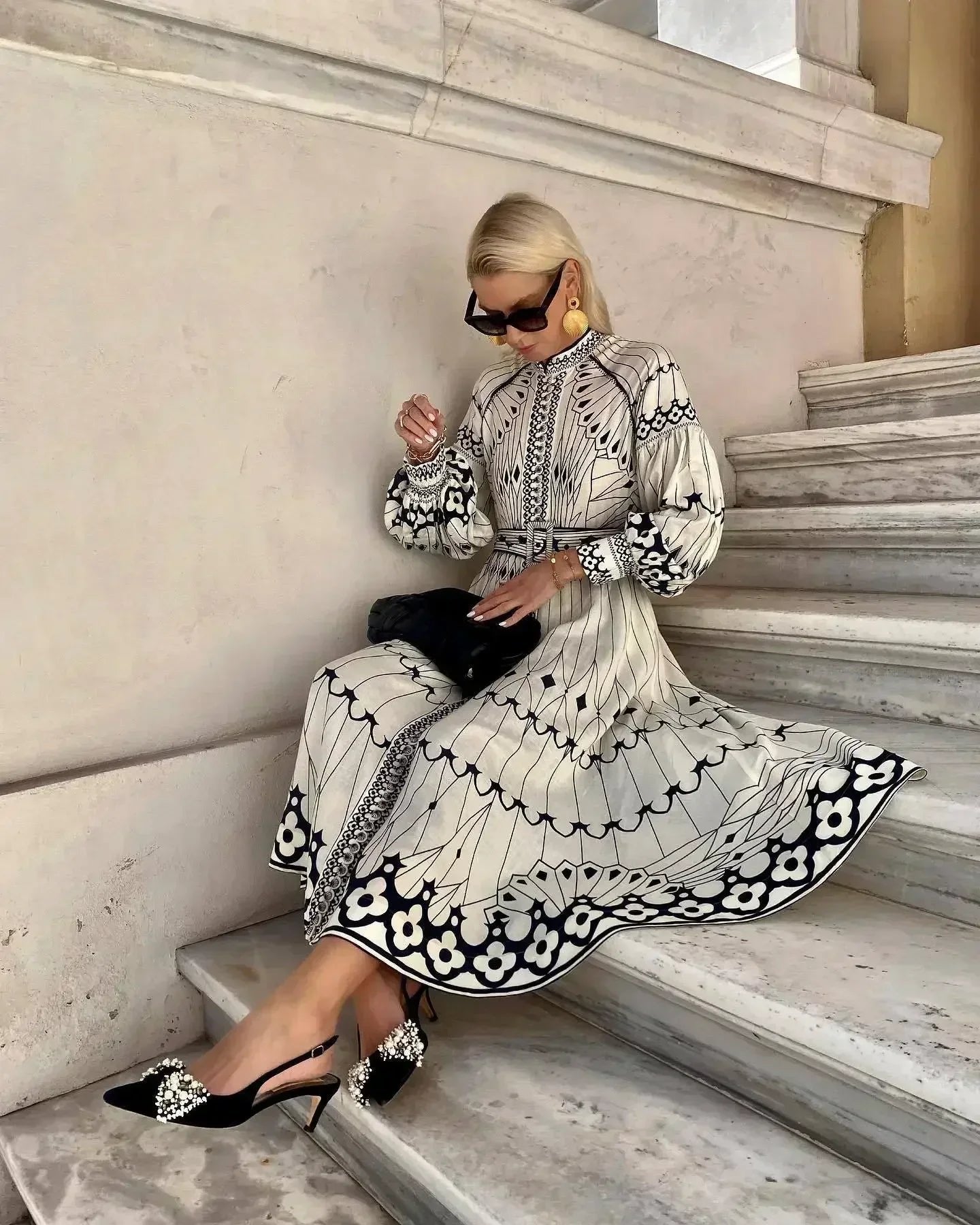 Sofia | A-Line Kjole Lang Ærme Vintage Print Elegante
