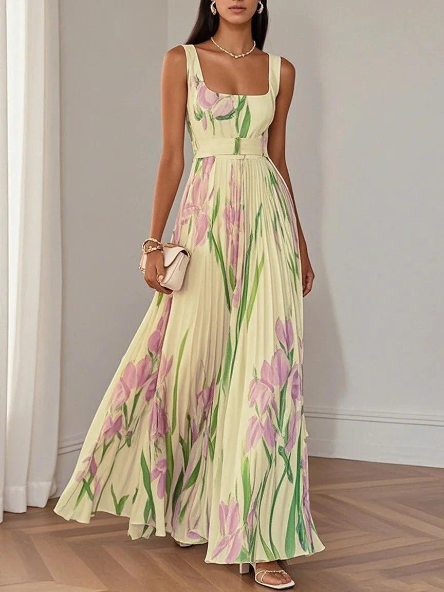 Josefine | A-Line Maxi Kjole Plisseret Blomsterprint Firkantet