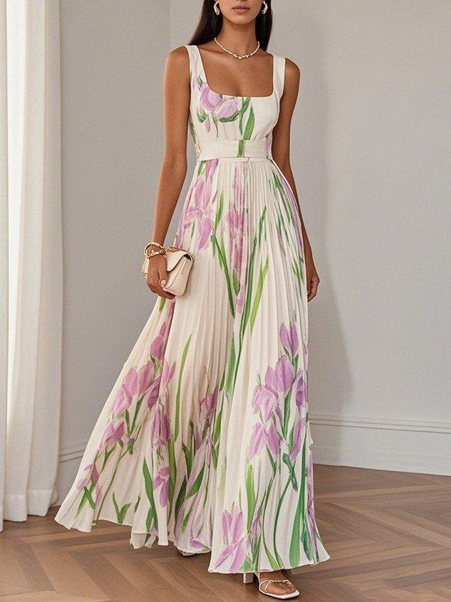 Josefine | A-Line Maxi Kjole Plisseret Blomsterprint Firkantet