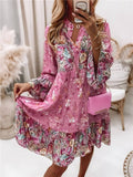 Josefine | Boho Kjole med Blomsterprint V-Udskæring Langærmet
