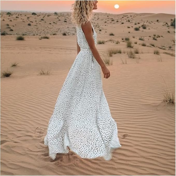 Isabella | Boho Maxi Kjole Prikket V-Udskæring Løs Sommer
