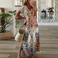 Mathilde | Boho Maxi Kjole V-Hals Kort Ærme Print Split