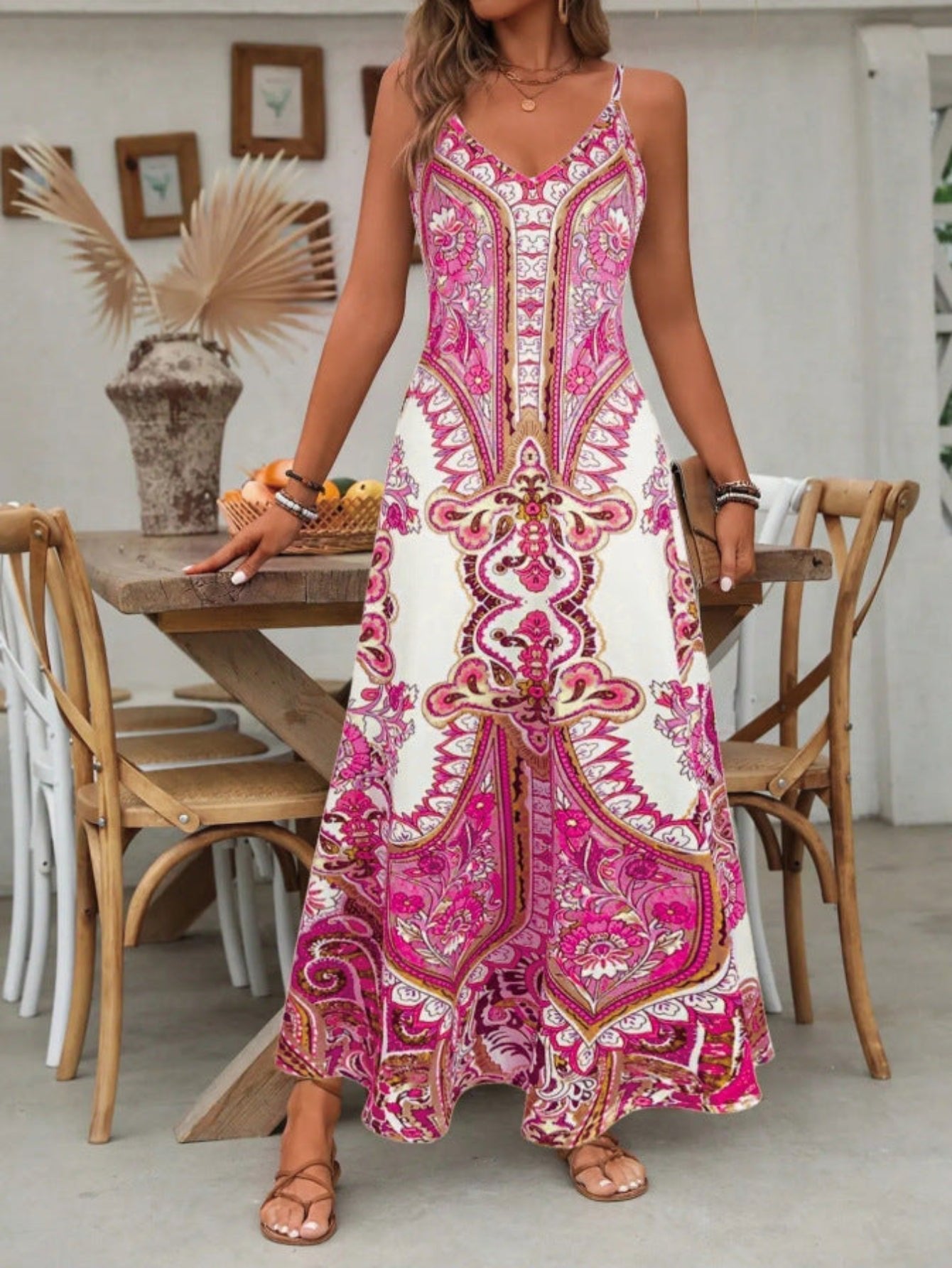 Karla | Boho Maxi Kjole V-Udskæring Paisley Print Stropper