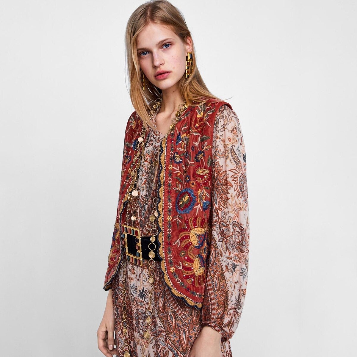 Liv | Boho Vest Broderet Velour Blommende Waistcoat