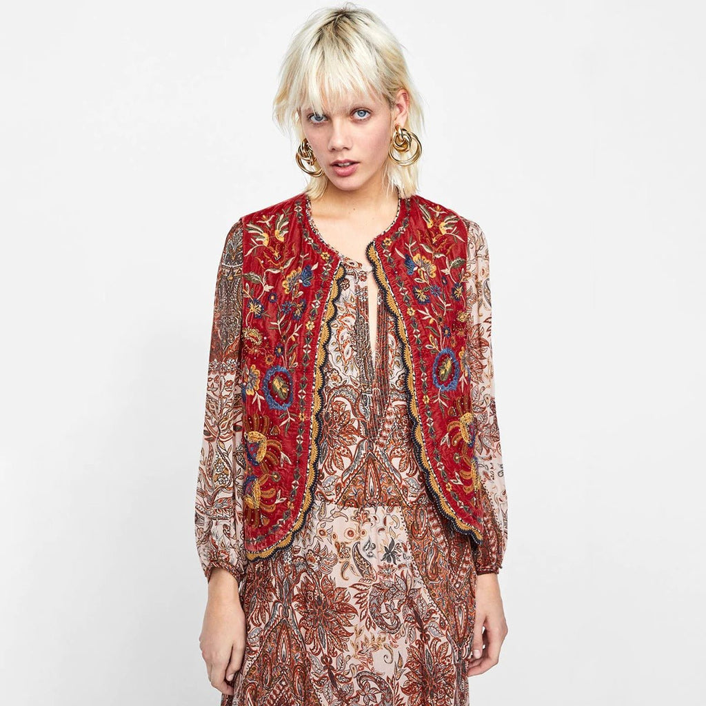 Liv | Boho Vest Broderet Velour Blommende Waistcoat