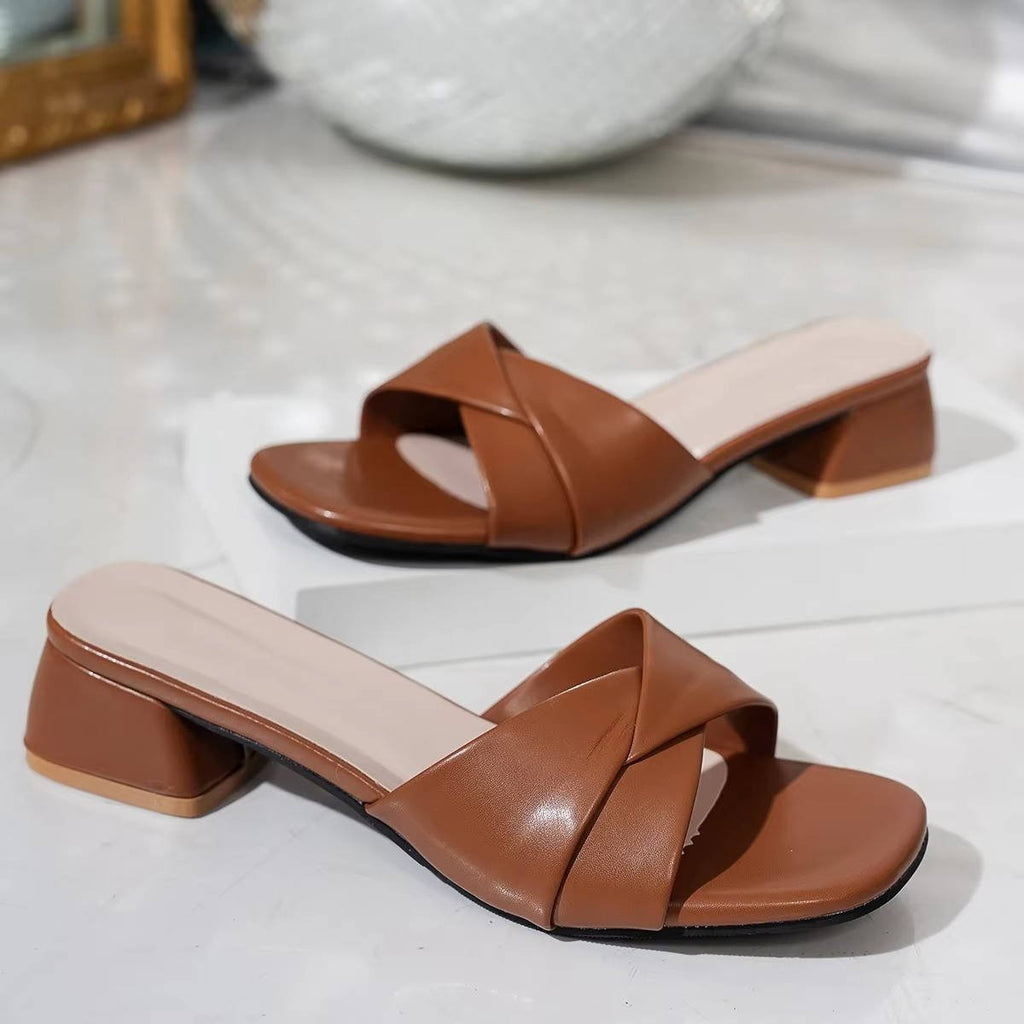 Emma | Cross-Strap Sandaler Blok Hæl Slip-On Åben Tå