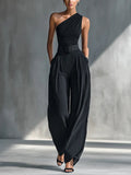 Josefine | Dame Asymmetrisk Strik Top Wide-Leg Bukser Sæt