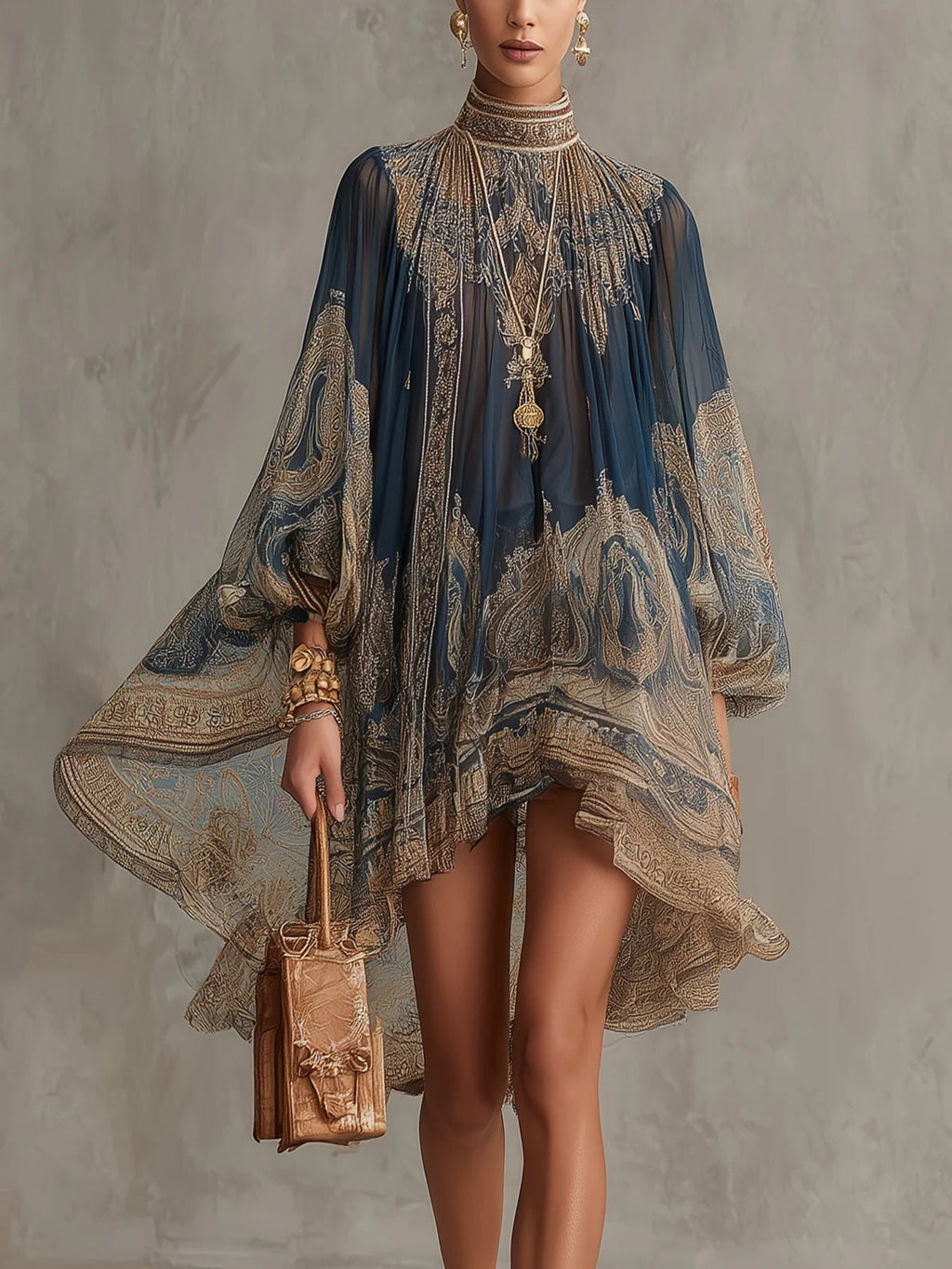 Astrid | Dame Barok Print Chiffon Kjole Høj Hals Langærmet