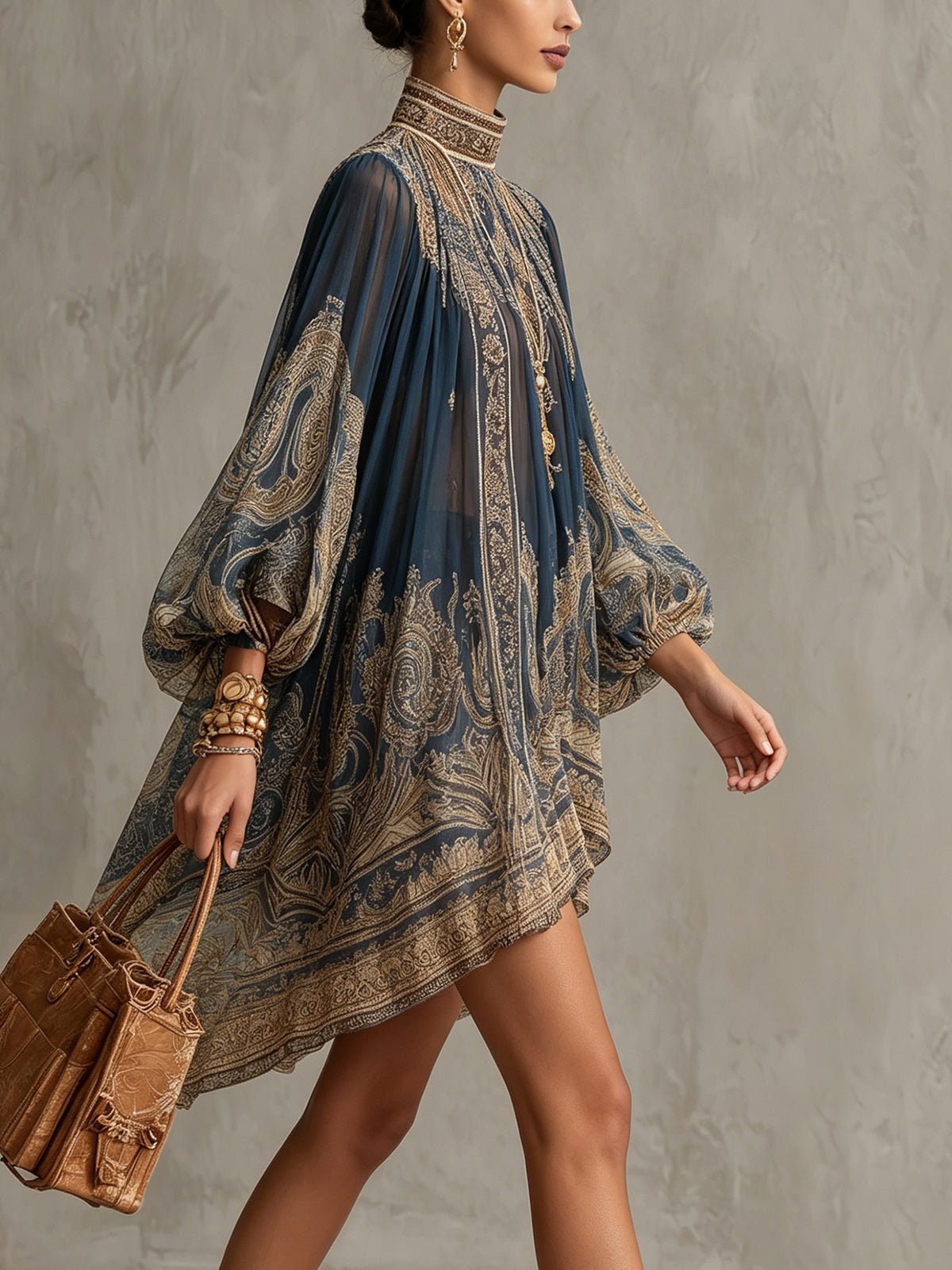 Astrid | Dame Barok Print Chiffon Kjole Høj Hals Langærmet