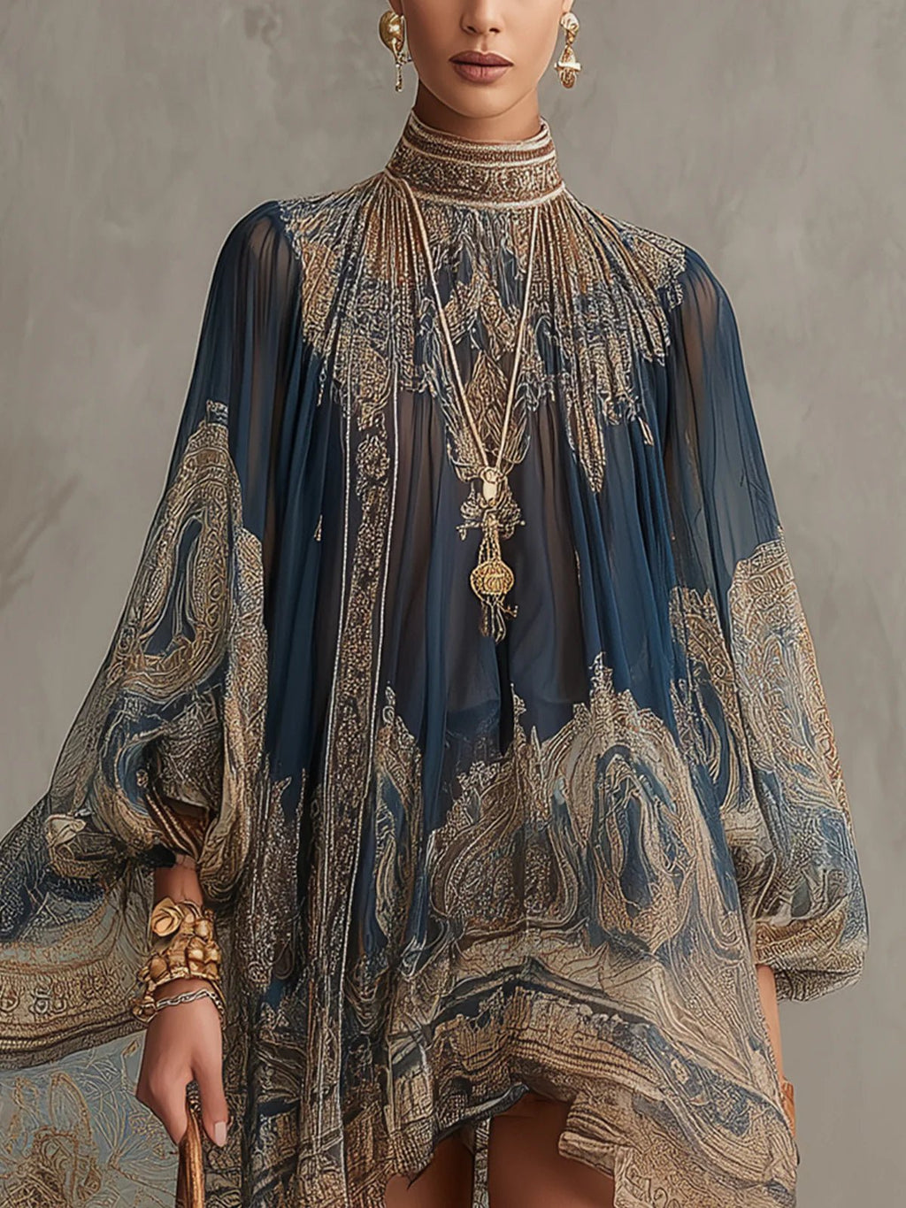 Astrid | Dame Barok Print Chiffon Kjole Høj Hals Langærmet