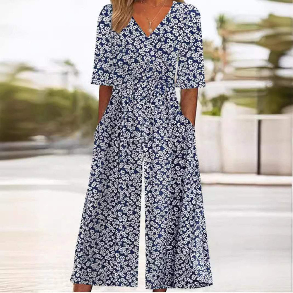 Emma | Dame Boho Blomsterprint Jumpsuit V-hals Halværmer Lommer