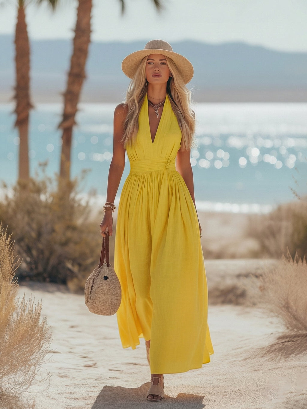 Isabella | Dame Boho Hæklede Halter Maxi Kjole