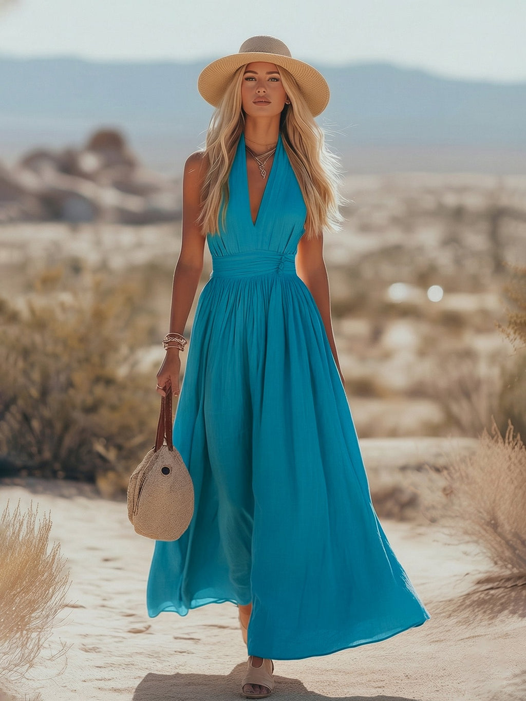 Isabella | Dame Boho Hæklede Halter Maxi Kjole