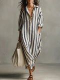 Astrid | Dame Boho Oversized Stribet Linned Maxi Skjortekjole