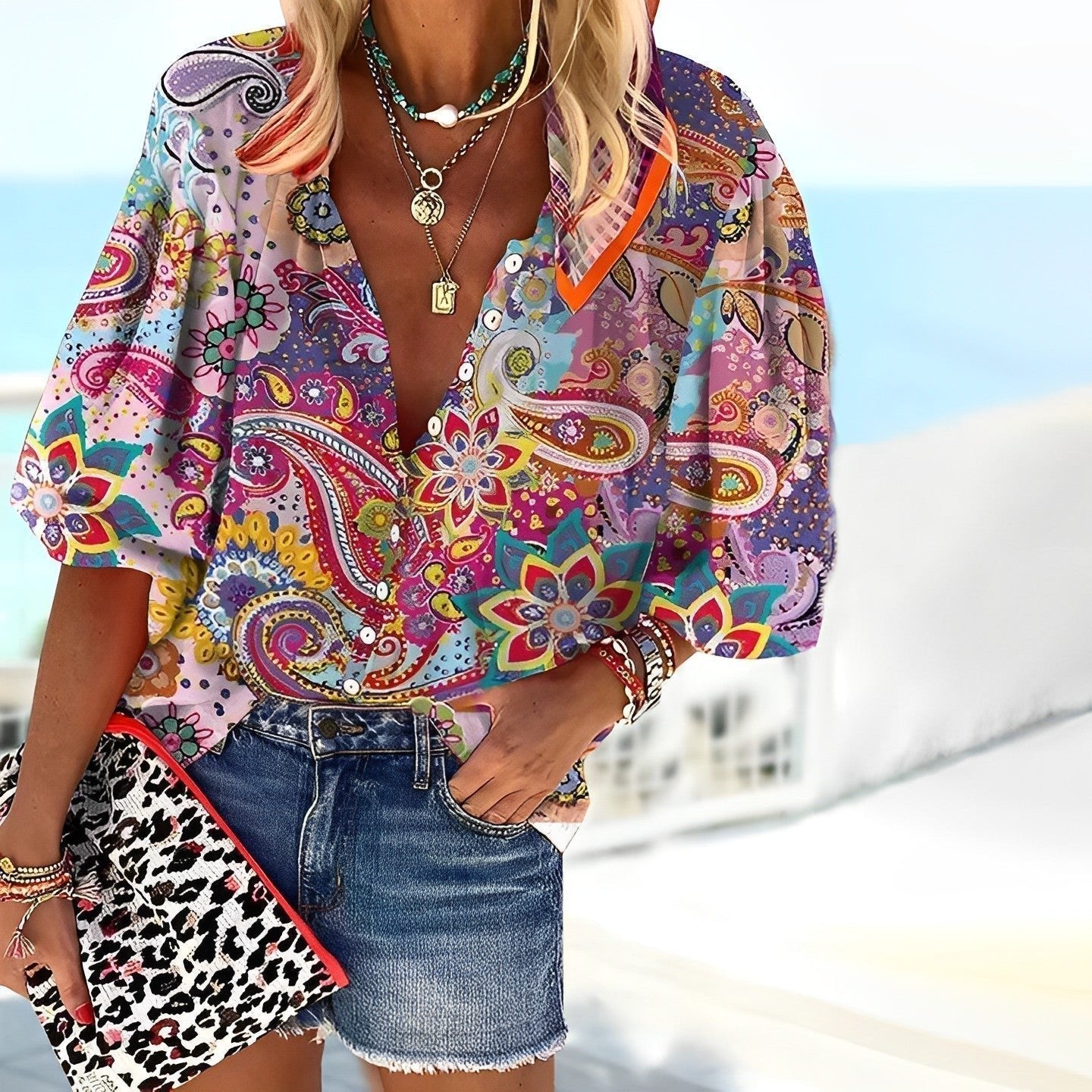 Clara | Dame Boho Paisley Bluse Med V-Udskæring
