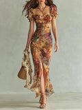 Isabella | Dame Chiffon Maxi Kjole Blomsterprint Sweetheart Hals